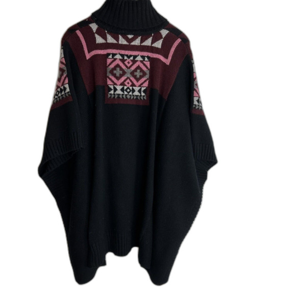 Cynthia Rowley Black Lambs Wool Blend Oversized Sweater Poncho M Aztec - Picture 6 of 10